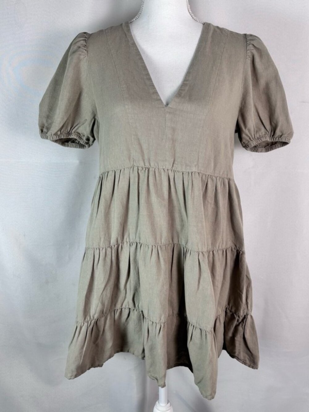 ZARA Linen Blend Tiered Babydoll Mini Dress Taupe Khaki Puff Sleeve Medium - Picture 2 of 9